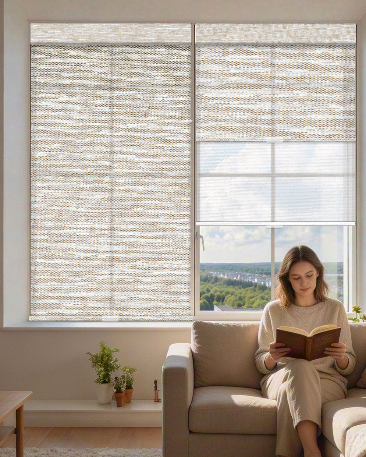 Manual Cordless Dual Roller Shades, Light Filtering & Sheer
