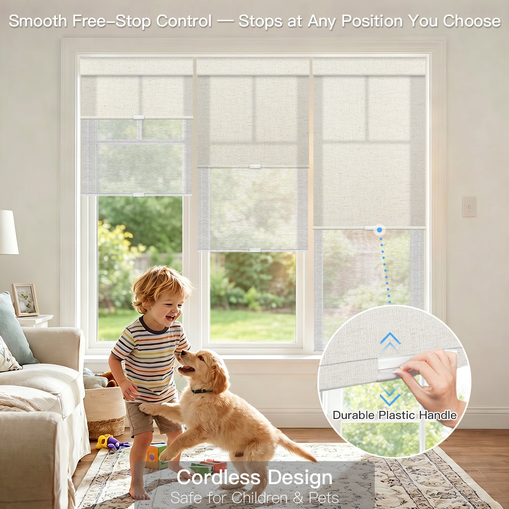 Manual Cordless Dual Roller Shades, Light Filtering & Sheer