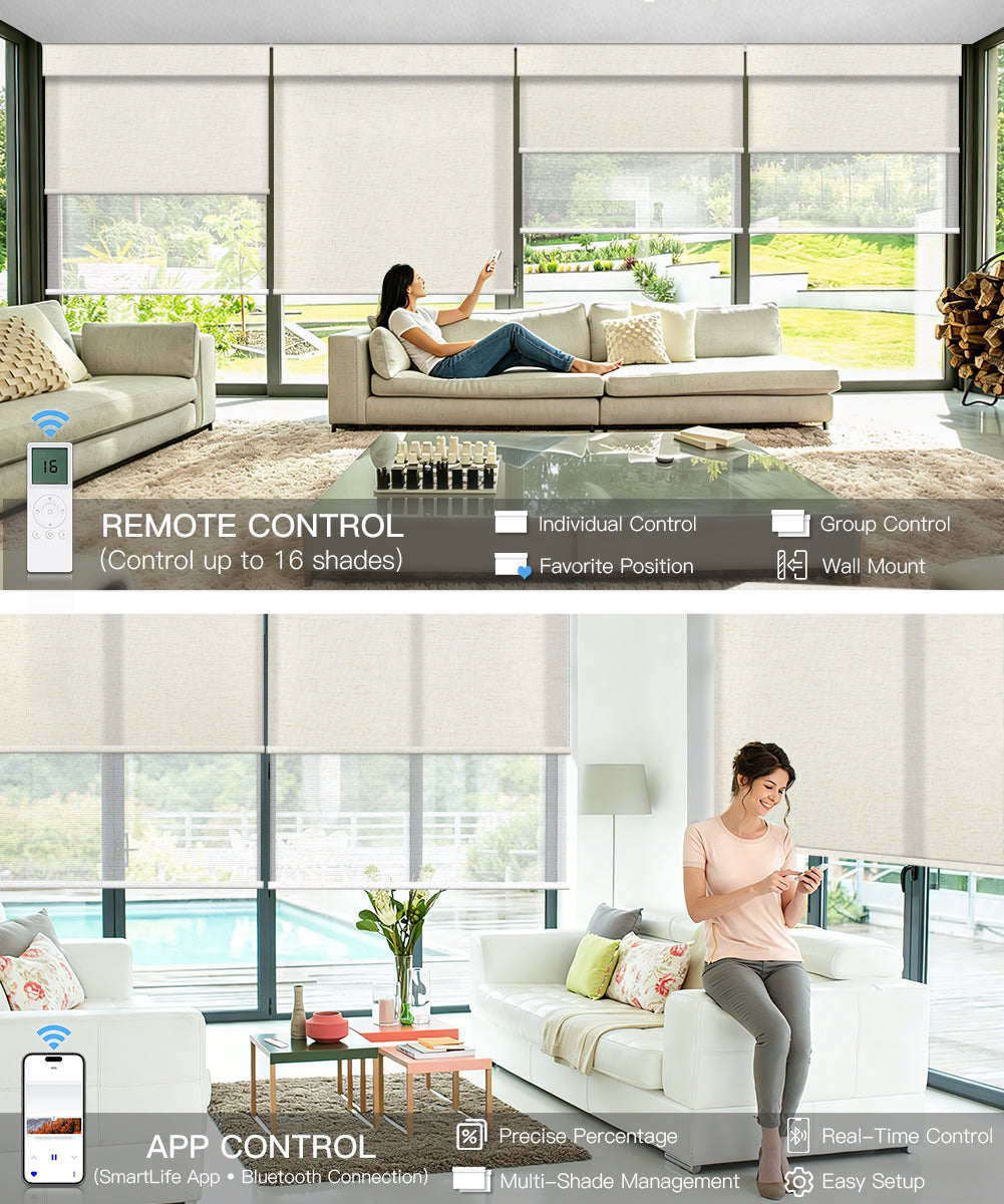 Motorized Dual Roller Shades, Light Filtering & Sheer